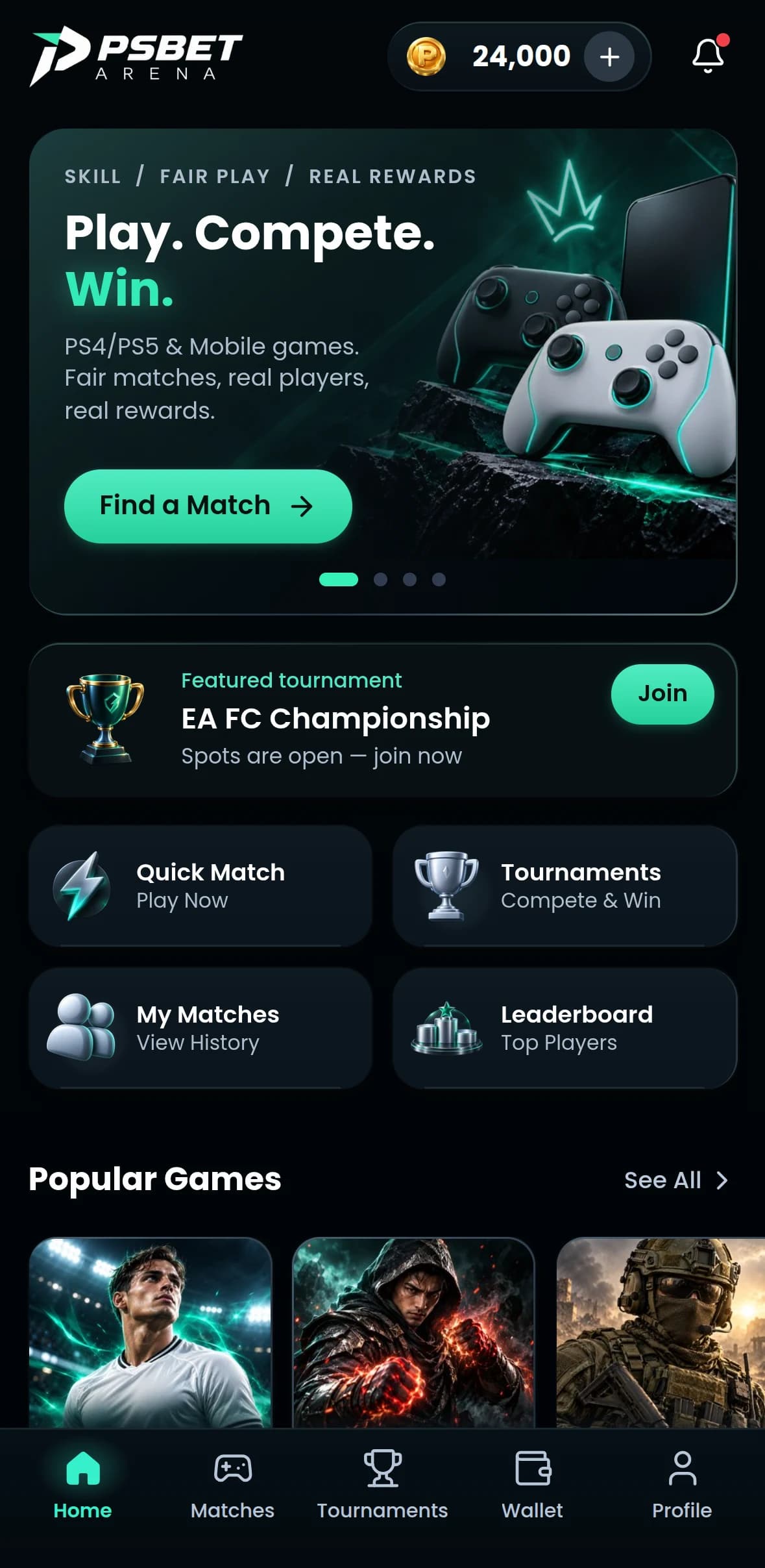 The PS Arena app home screen